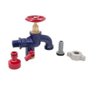 Ermetiq Liatinový záhradný 2-vývodový ventil 3/4", lakovaný, modrý – Obrázok 3